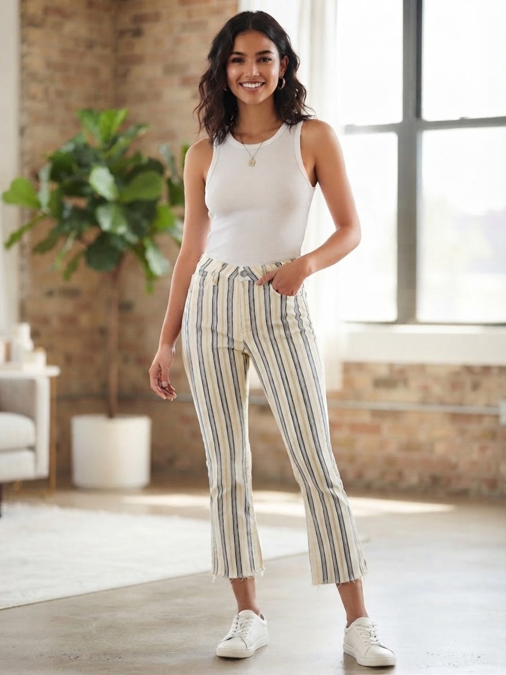 Pilcro and the Letterpress Cream and Blue Striped Cropped Jeans